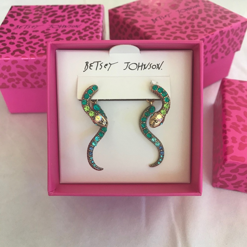 Betsey Johnson Earrings, Jeweled Snakes, New